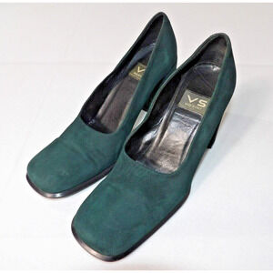 VS Italy Pumps Block Sz 7 Heel Shoes Green Sueded Leather Square Toe Old Money